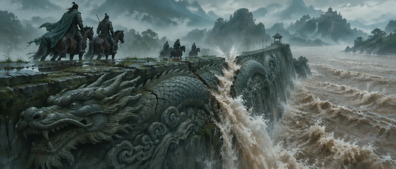 Silt Dragon Dyke dengan pahatan naga batu retak di punggungnya, air lumpur menyembur, para penunggang kuda mengawasi dari atas tanggul.