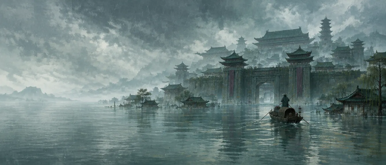 Drowned Capital tenggelam sampai lantai atas di danau banjir, atap pagoda dan menara gerbang muncul dari air di bawah hujan, satu perahu kecil menuju gerbang utama.